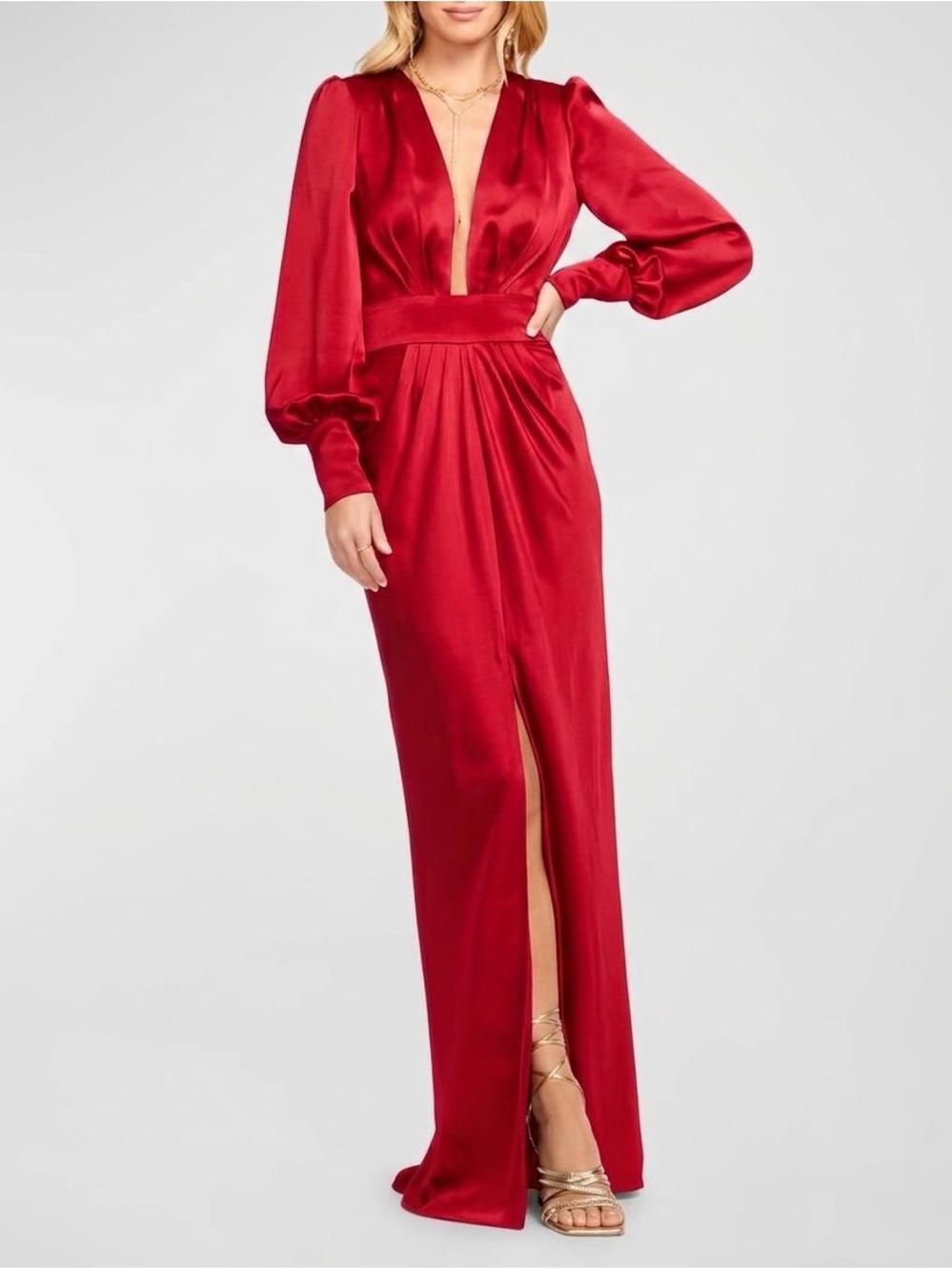Ramy Brook Madelane Blouson-Sleeve Deep V-Neck Gown in Dark Red